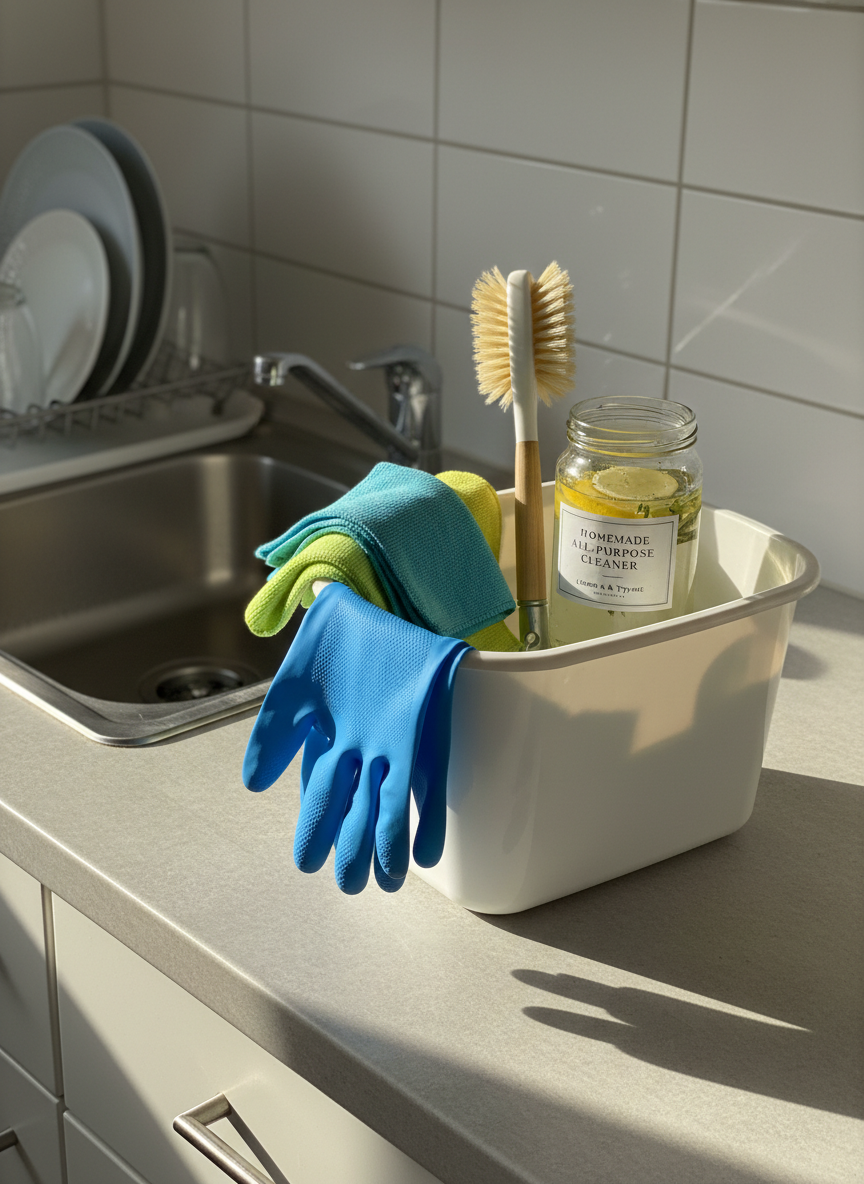 A realistic kitchen countertop scene featuring an affordable, neatly assembled cleaning caddy as the central subject. A white plastic tote holds color-coded microfiber cloths, a scrub brush, a repurposed glass jar of homemade cleaner, and a pair of reusable gloves draped over the side. The caddy sits on a laminate countertop beside a stainless steel sink, with a simple tiled backsplash and a drying rack in the background. Soft afternoon daylight streams from an unseen window, creating gentle reflections on the metal sink and subtle shadows under the caddy. Photographic realism, shot from a slightly elevated angle, with a moderate depth of field that blurs out distant cabinets. The atmosphere feels efficient and encouraging, highlighting budget cleaning solutions in an authentic home setting.