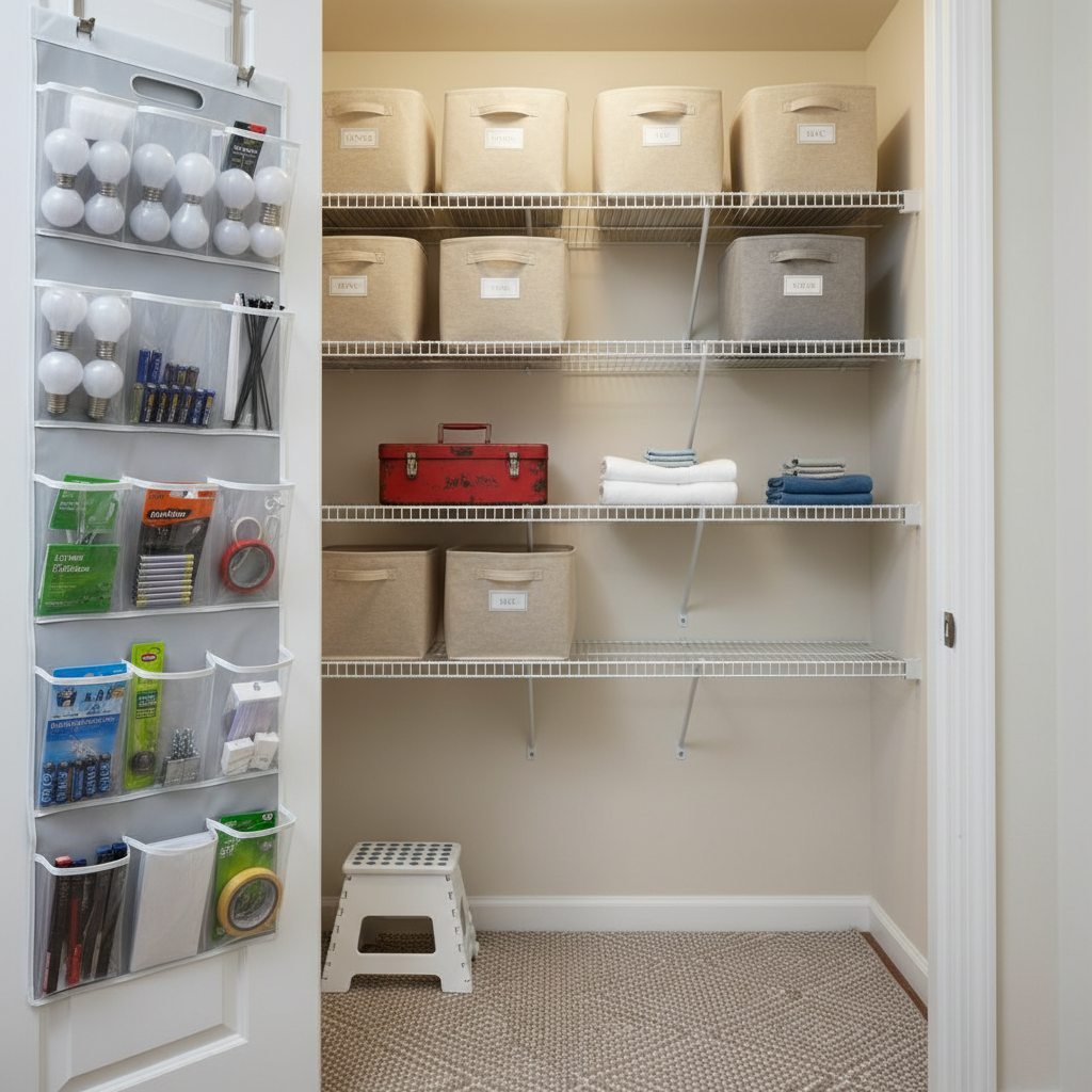 A small hallway closet transformed into a budget-friendly home organization hub. Sturdy white wire shelves hold labeled fabric bins, neatly folded towels, and a compact toolkit in a metal box. On the inside of the open door, over-the-door hooks support a clear pocket organizer filled with light bulbs, batteries, and simple repair supplies. A neutral, low-pile rug anchors the floor, with a single step stool tucked underneath the lowest shelf. Overhead, a simple ceiling light casts soft, even illumination throughout the narrow space, avoiding harsh shadows. Photographic realism, shot straight on with a balanced composition and sharp detail from front to back. The mood is quietly satisfying and grounded, emphasizing practical organization that supports daily family life.